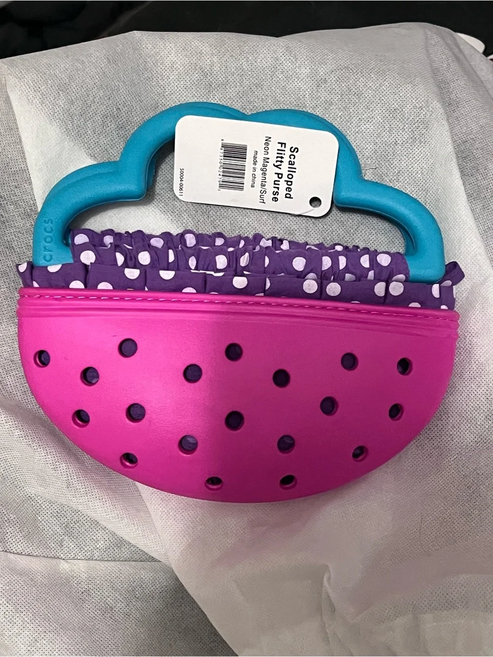 CROCS Kids Pink Bag with Purple Lining and Blue Cloud Handle
